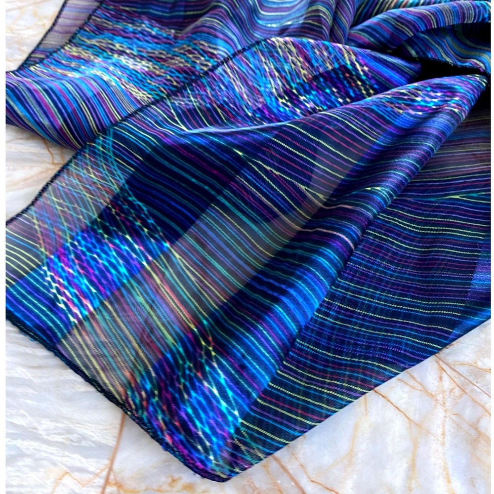 Vintage Multi Color Striped Mesh Scarf Blue Purple Sheer Shimmer Made in Korea